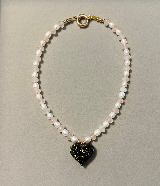 Pearl and Rose Quartz Necklace with  Heart Orgonite Pendant