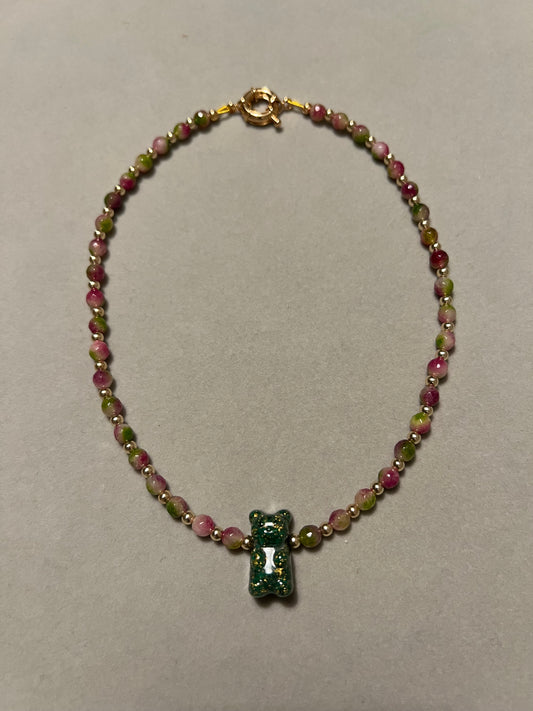 Ruby Zoisite Necklace with Metal Green Bear
